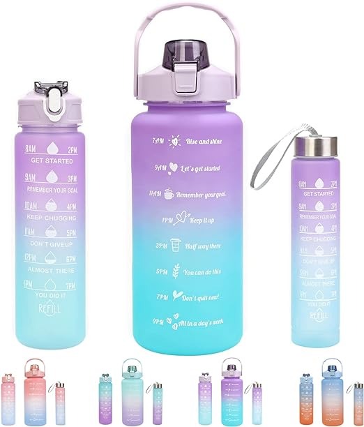 3 Piece Motivational Water Bottle Set BPA Free Plastic Gradient Colors